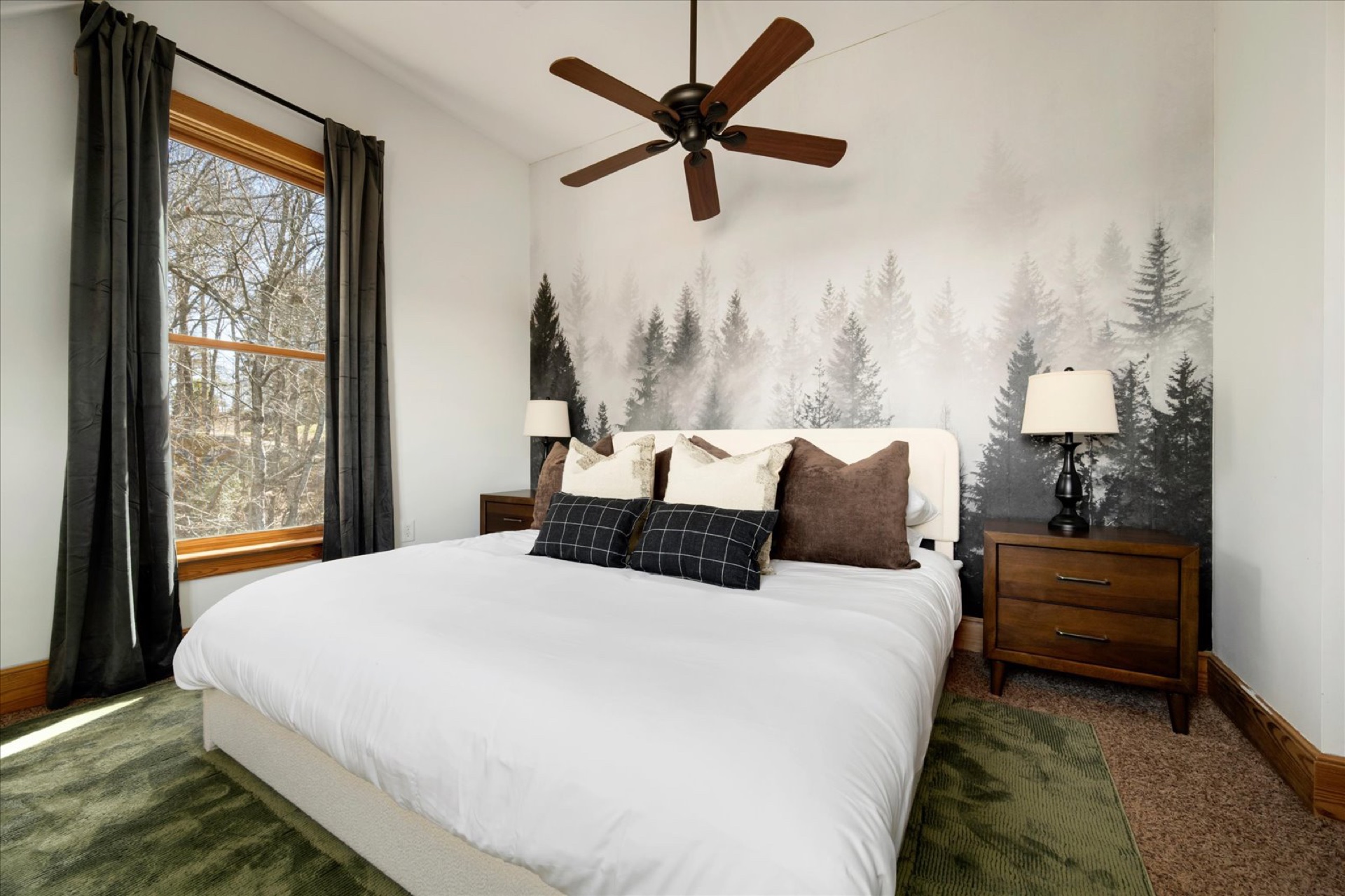Upper Level King Bedroom — stunning forest mural wall